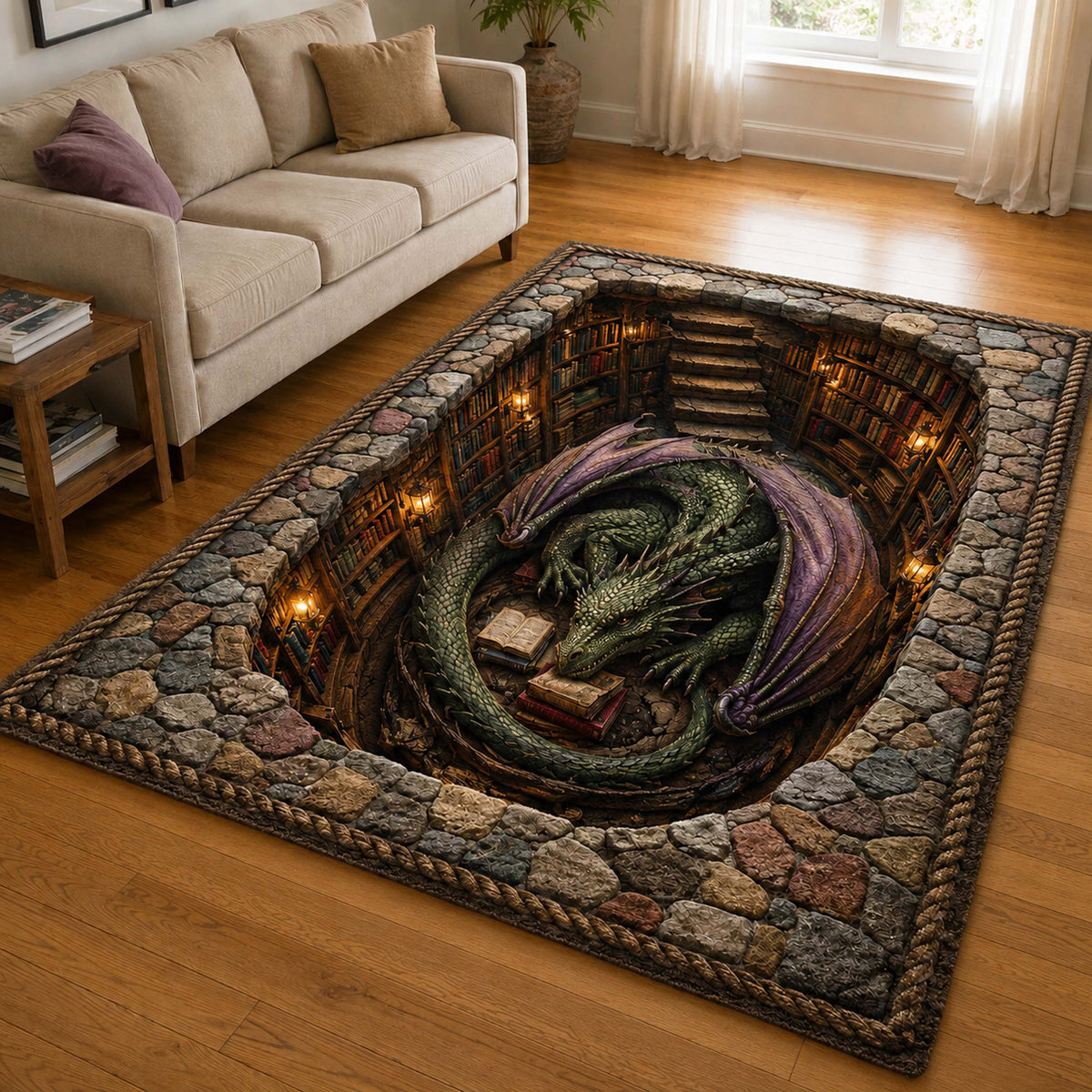 Dragon Tales area rug in a living room