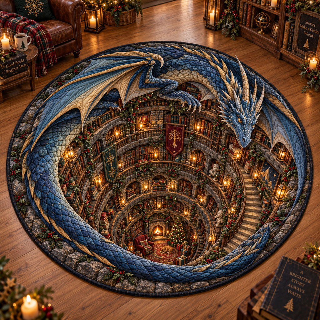 Dragon’s Endless Library Round Mat Rug - Cute Animal Design | Charming Home Decor - washable non-slip printed rug