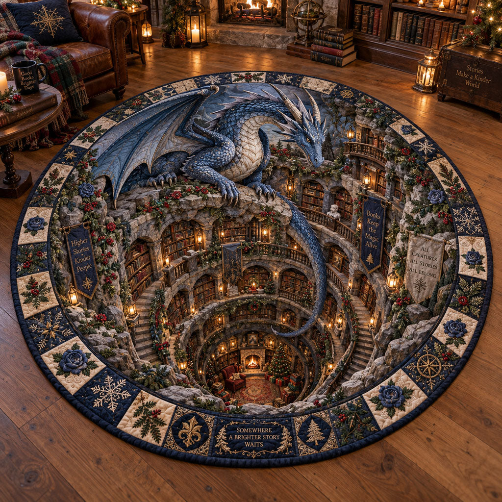 Dragon’s Secret Library Round Mat Rug - Cute Animal Design | Charming Home Decor - washable non-slip printed rug