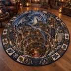 Dragon’s Secret Library Round Mat Rug - Cute Animal Design | Charming Home Decor - washable non-slip printed rug
