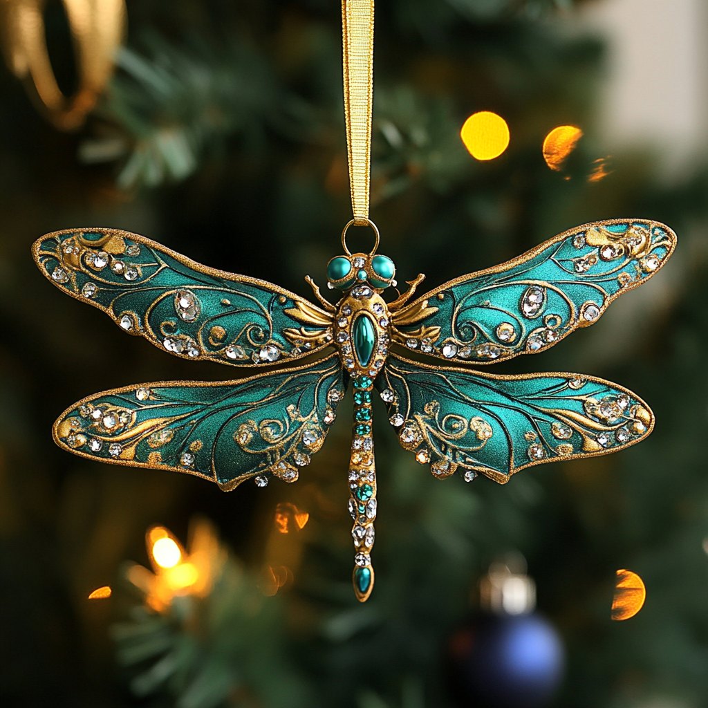 Teal Jeweled Dragonfly Christmas Ornament