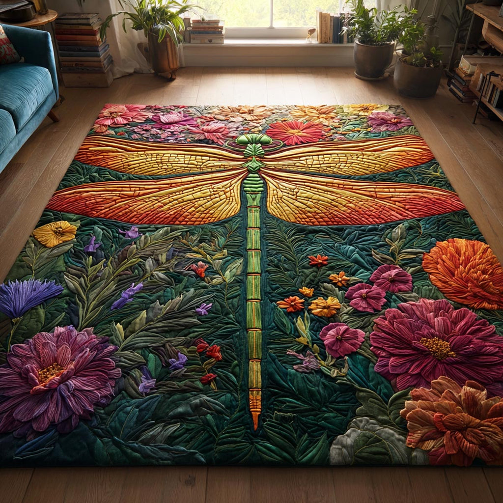 Dragonfly Calm area rug in a living room