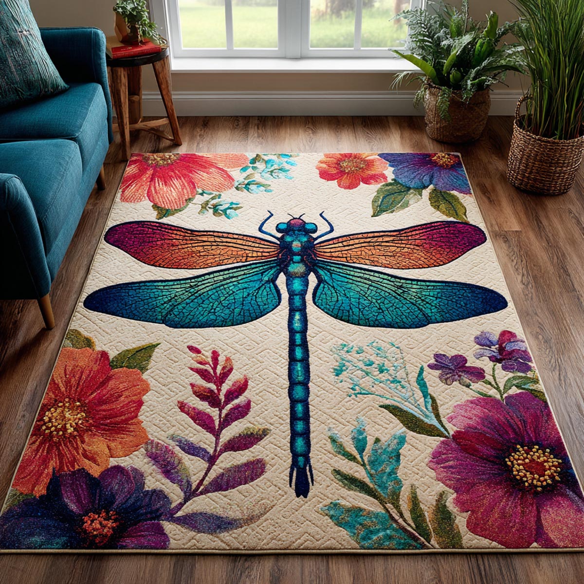 Dragonfly Drift area rug in a living room
