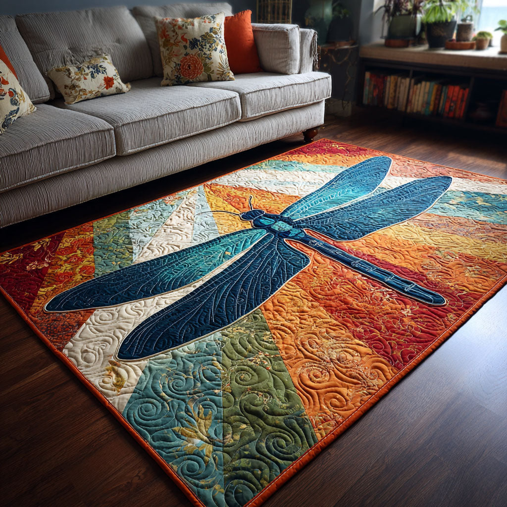 Dragonfly Duffle area rug in a living room