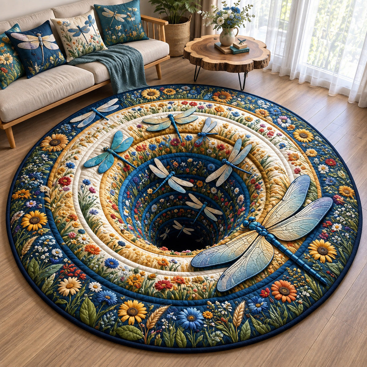 Dragonfly Floral Tunnel Round Mat Rug - Cute Animal Design | Charming Home Decor - washable non-slip printed rug