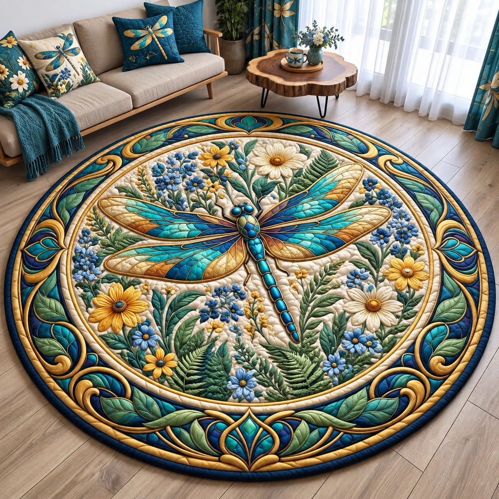 Dragonfly Flower Garden Round Mat Rug - Cute Animal Design | Charming Home Decor - washable non-slip printed rug