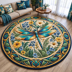 Dragonfly Flower Garden Round Mat Rug - Cute Animal Design | Charming Home Decor - washable non-slip printed rug