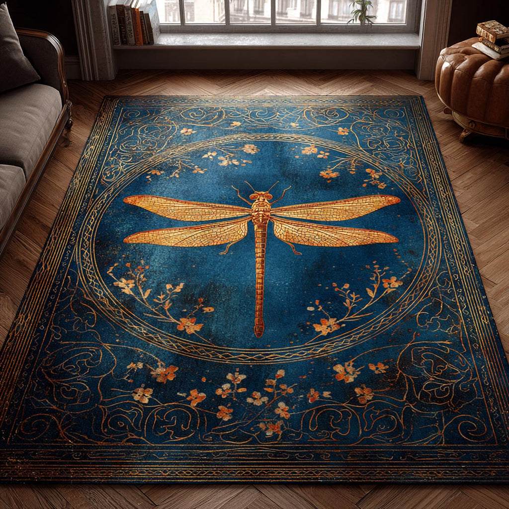 Dragonfly Glow area rug in a living room