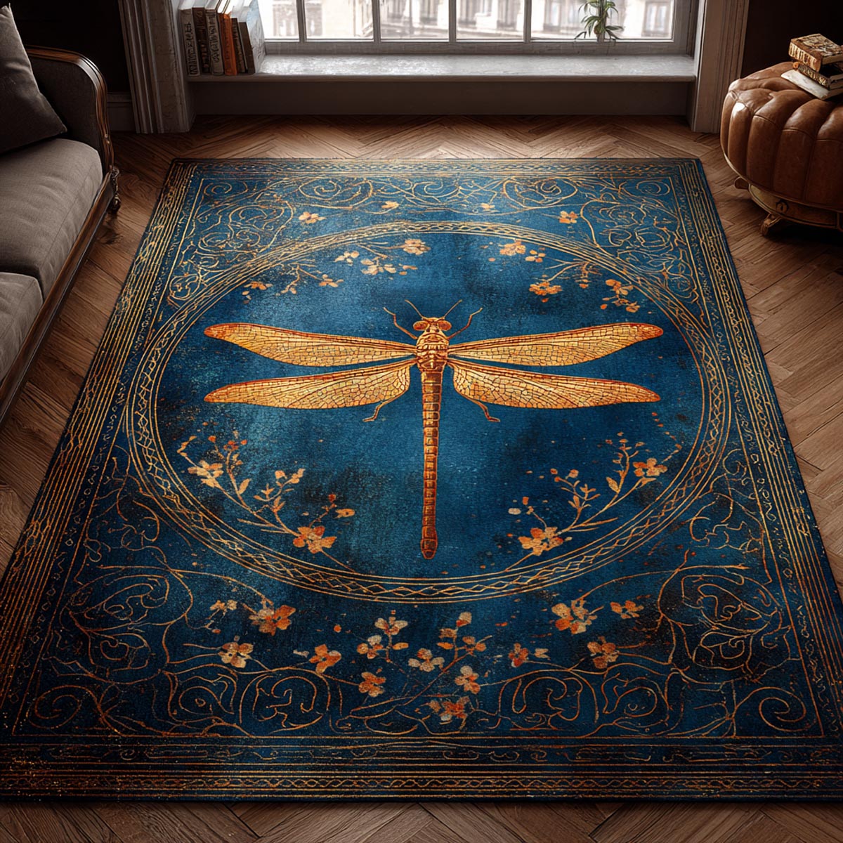 Dragonfly Glow area rug in a living room