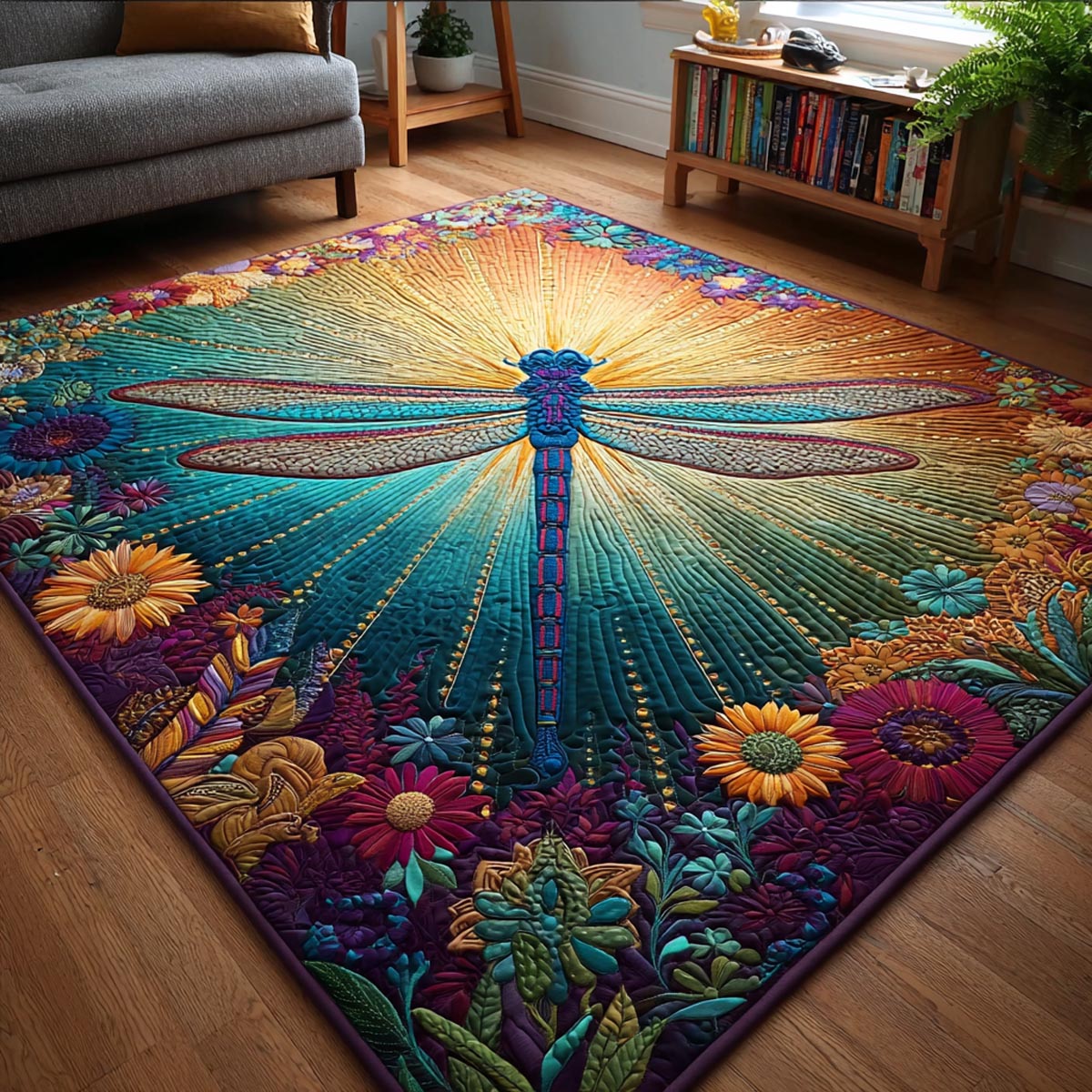 Dragonfly Grace area rug in a living room