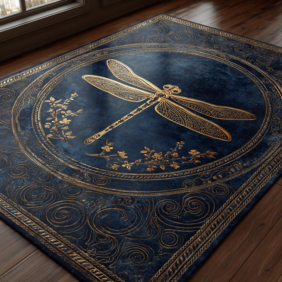 Dragonfly Harmony area rug in a living room