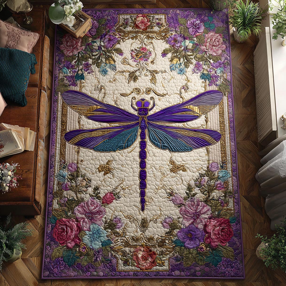 Dragonfly Haven area rug in a living room