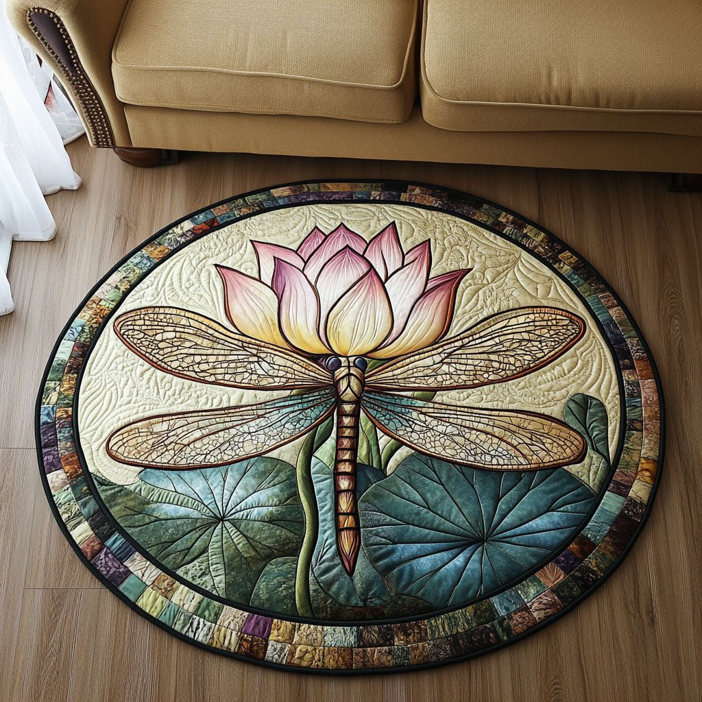 Dragonfly Lotus Round Mat Rug - washable non-slip printed rug