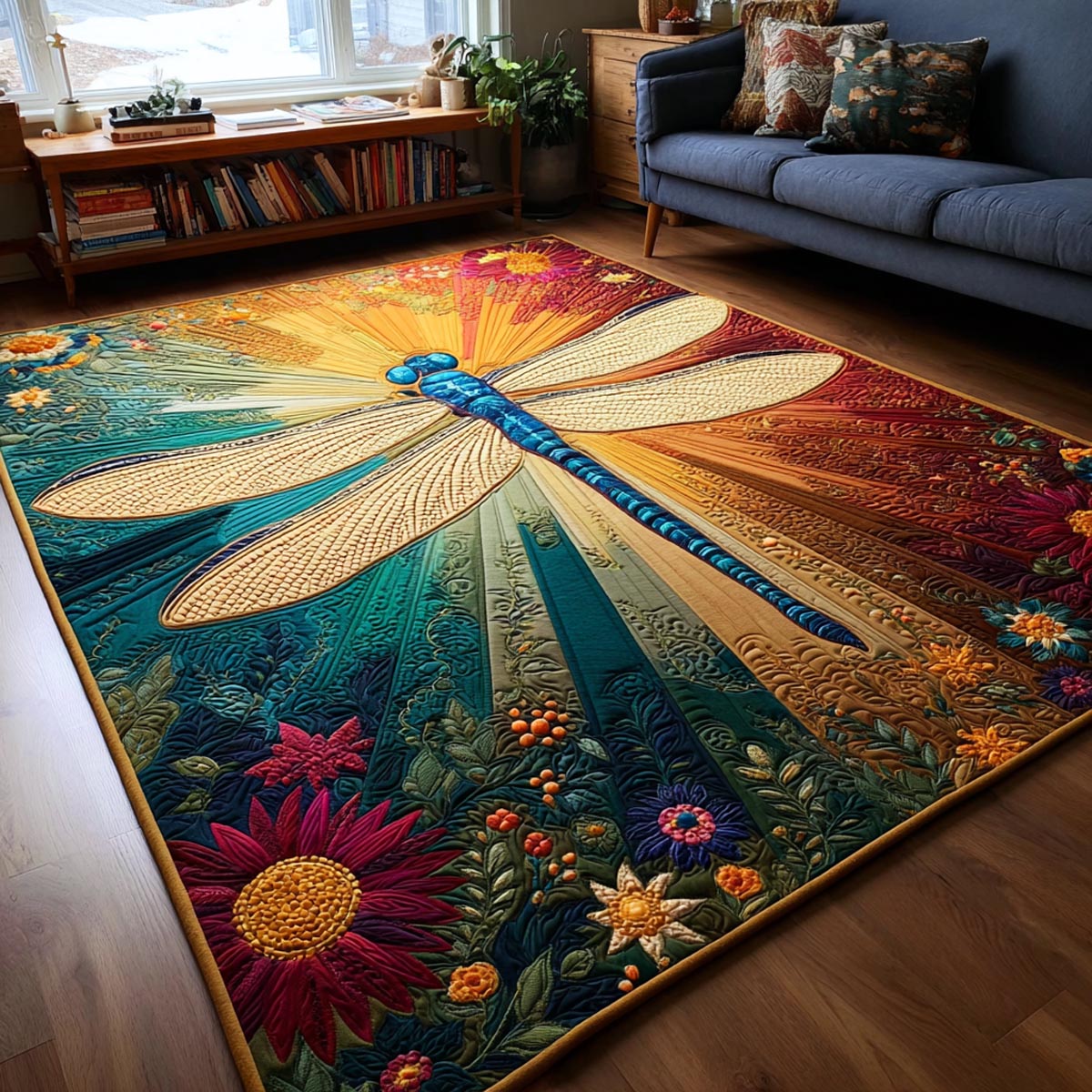 Dragonfly Peace area rug in a living room