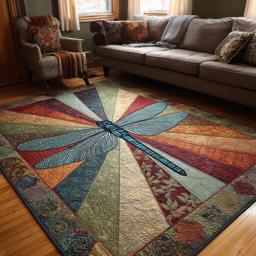 Dragonfly Shine area rug in a living room