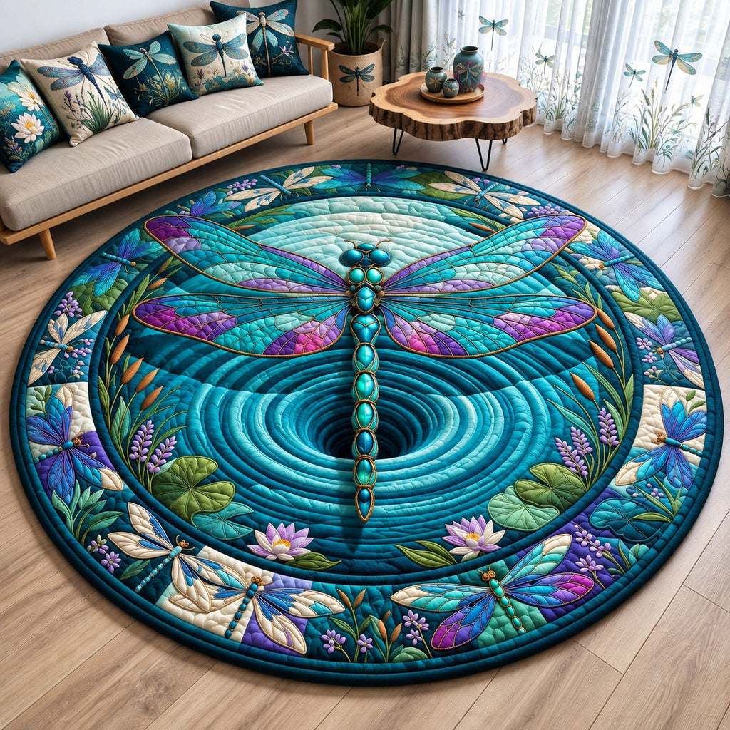 Dragonfly Water Garden Round Mat Rug - Cute Animal Design | Charming Home Decor - washable non-slip printed rug