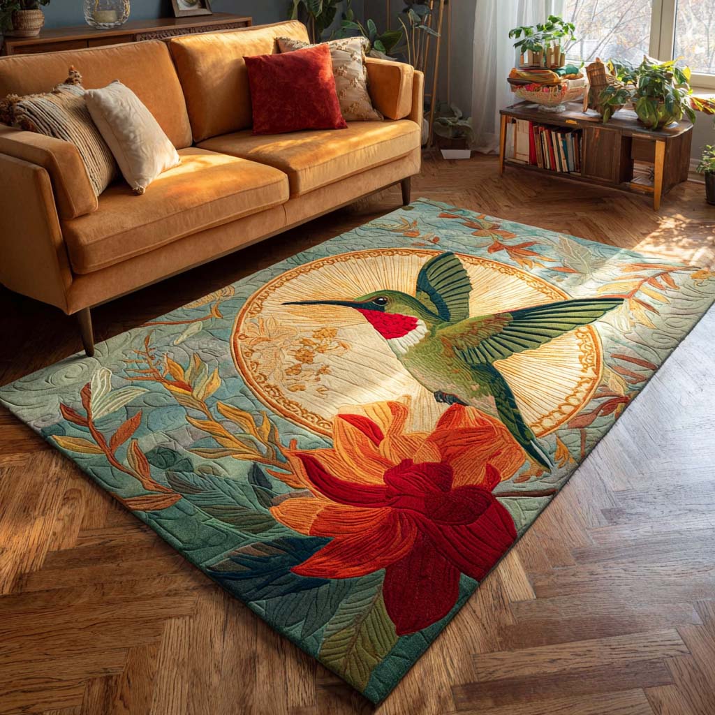 Dream Hummingbird area rug in a living room
