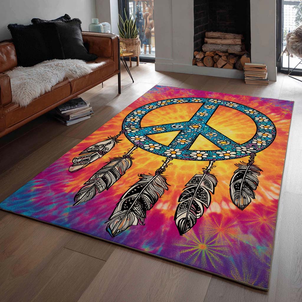 Dreamcatcher Peace Tie Dye area rug in a living room