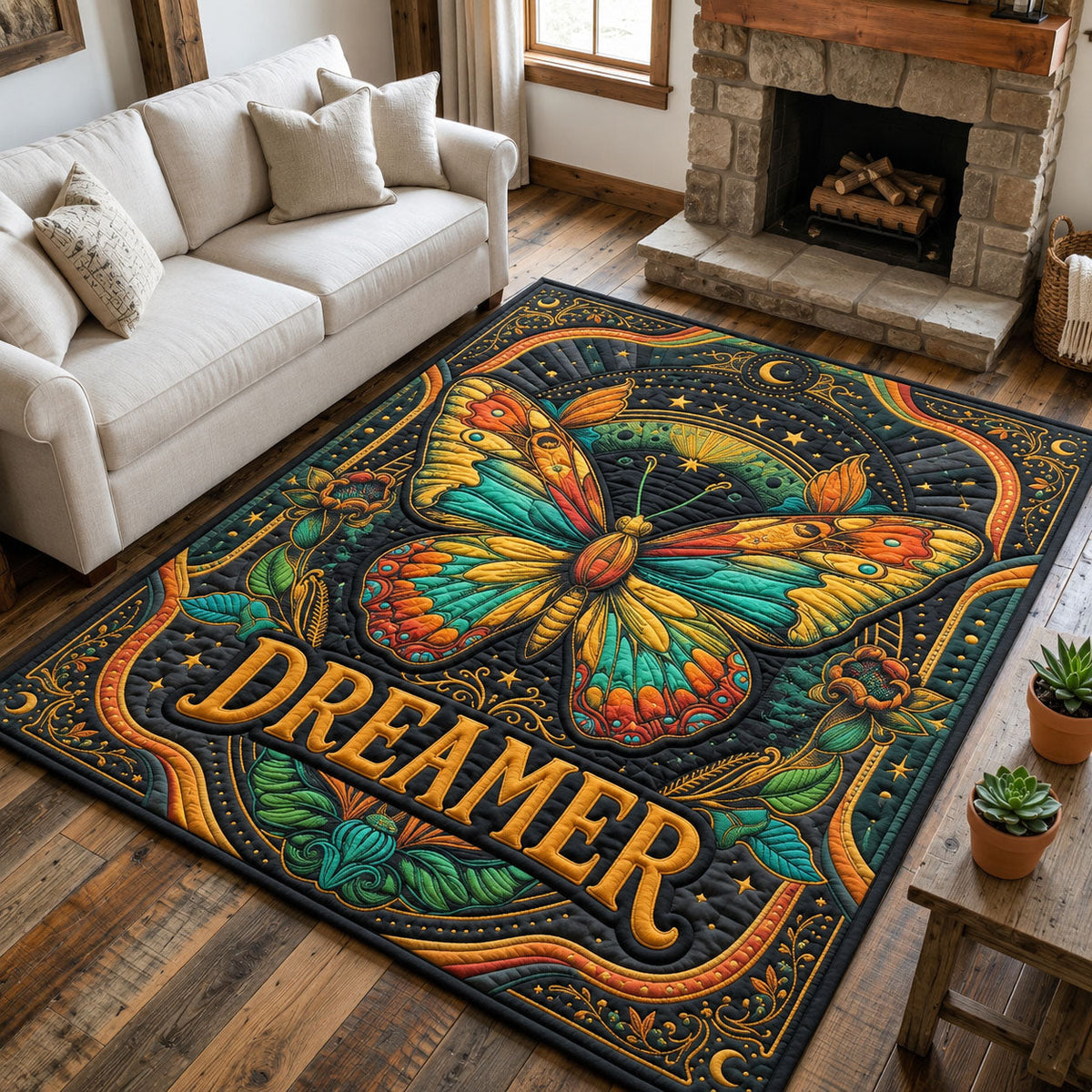 Dreamer Moth area rug in a living room