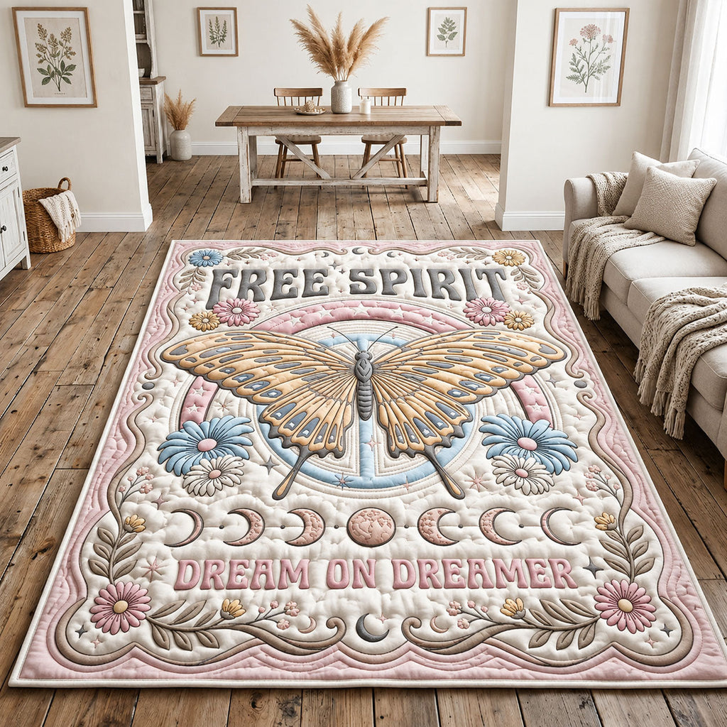 Dreamer With Pink Butterfly area rug in a living room