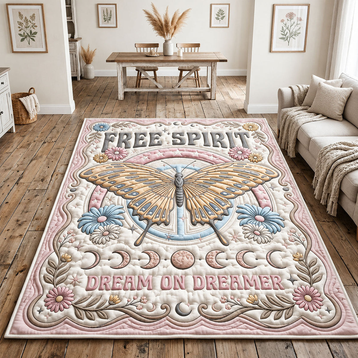 Dreamer With Pink Butterfly area rug in a living room