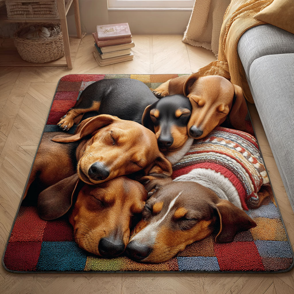 Dreamy Doxie area rug in a living room