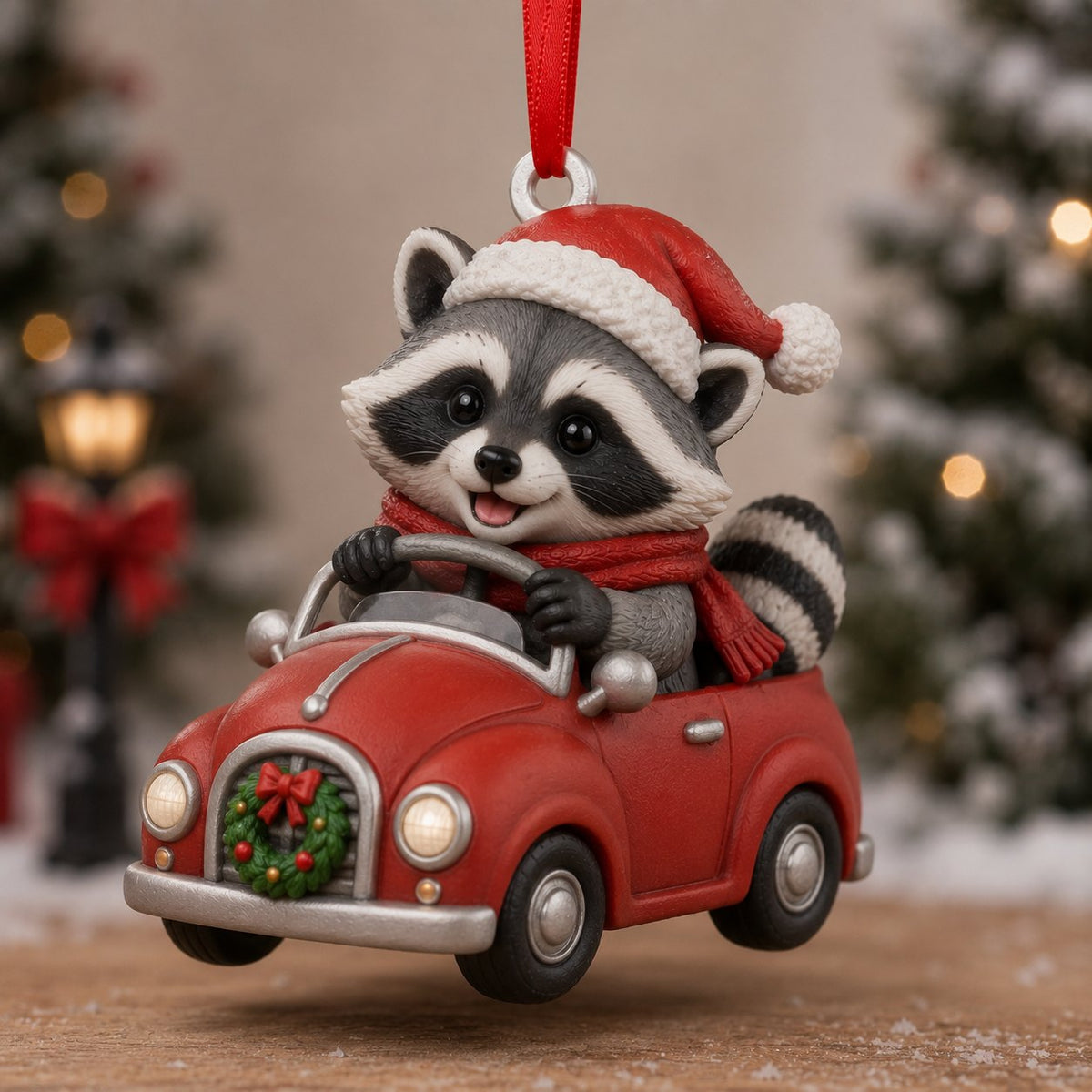 Driving Racoon Christmas Ornament