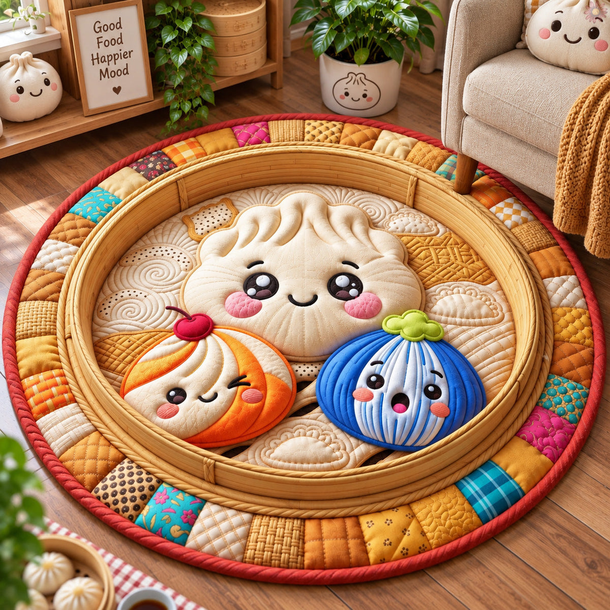Dumpling Basket Round Mat Rug - Nature Design | Serene Home Decor - washable non-slip printed rug