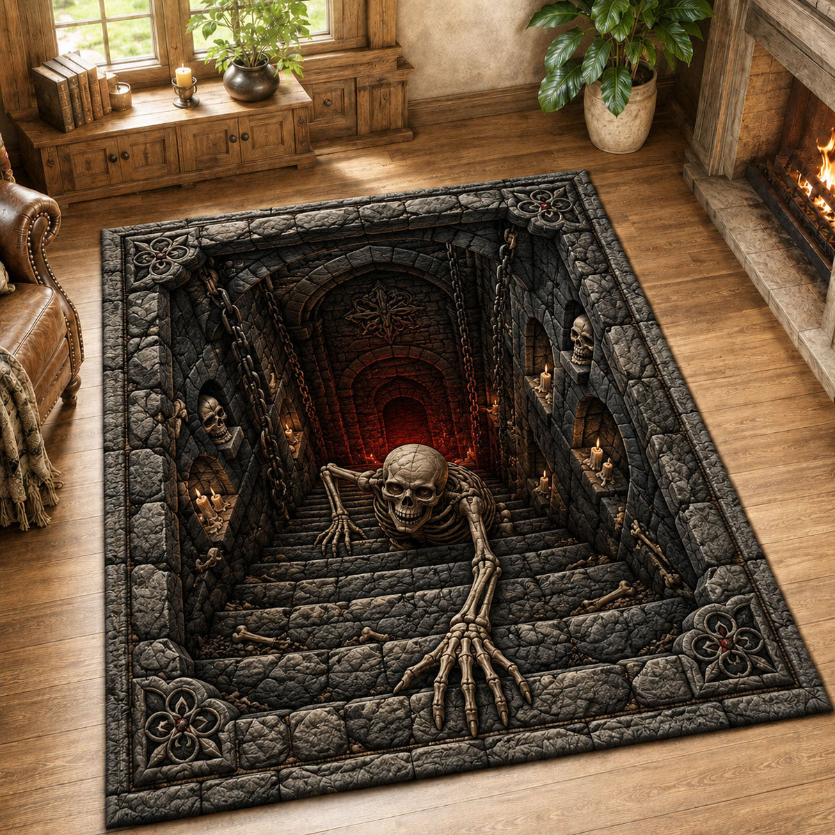 Dungeon Chain Descent area rug in a living room