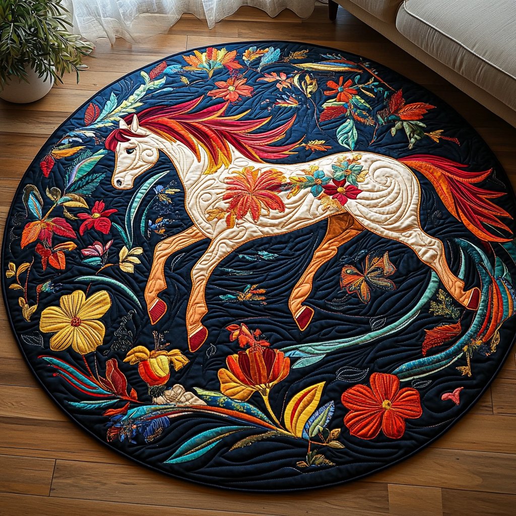 Dynamic Horse Design Round Mat Rug - washable non-slip printed rug