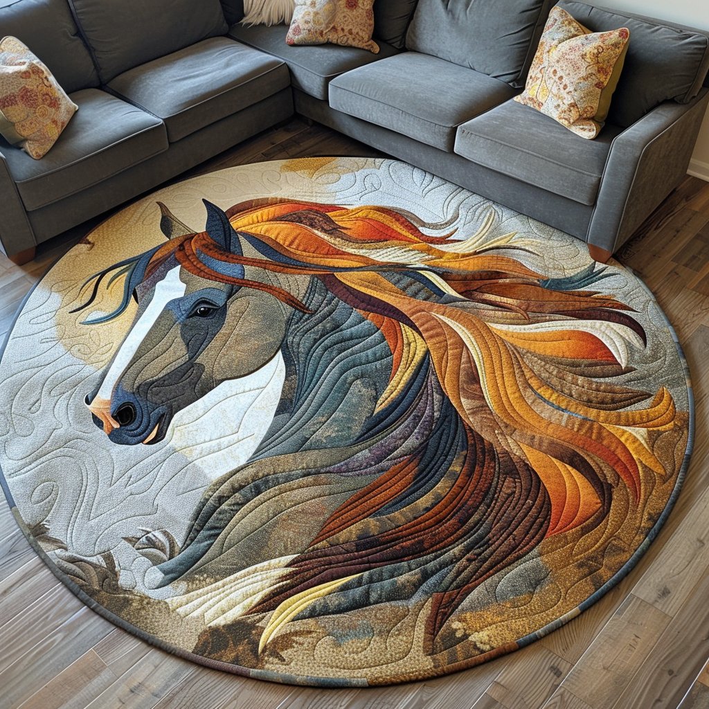 Dynamic Horse Round Mat Rug - washable non-slip printed rug