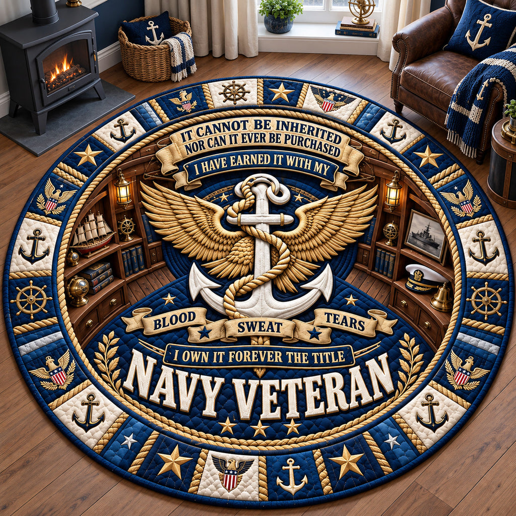 Earned Navy Veteran Title Round Mat Rug - Nature Design | Serene Home Decor - washable non-slip printed rug