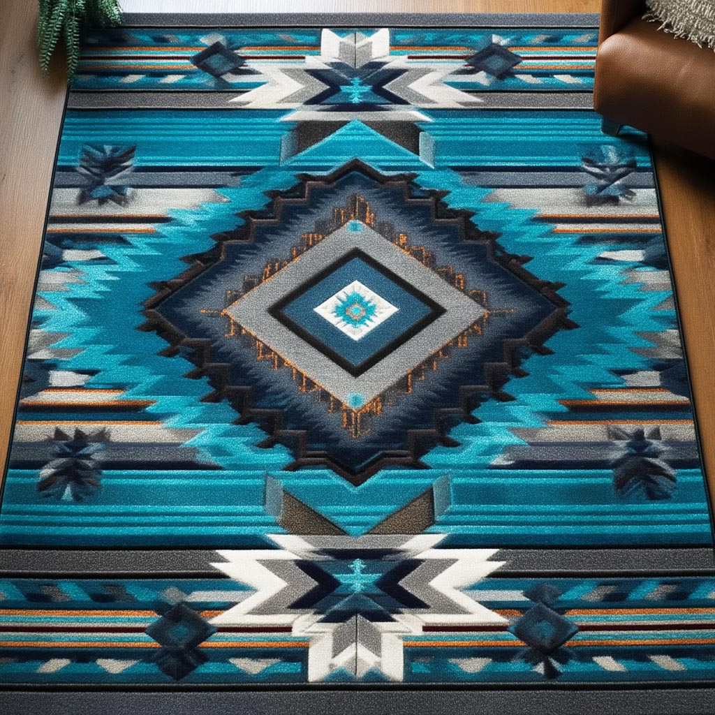 Earth Geometry area rug in a living room