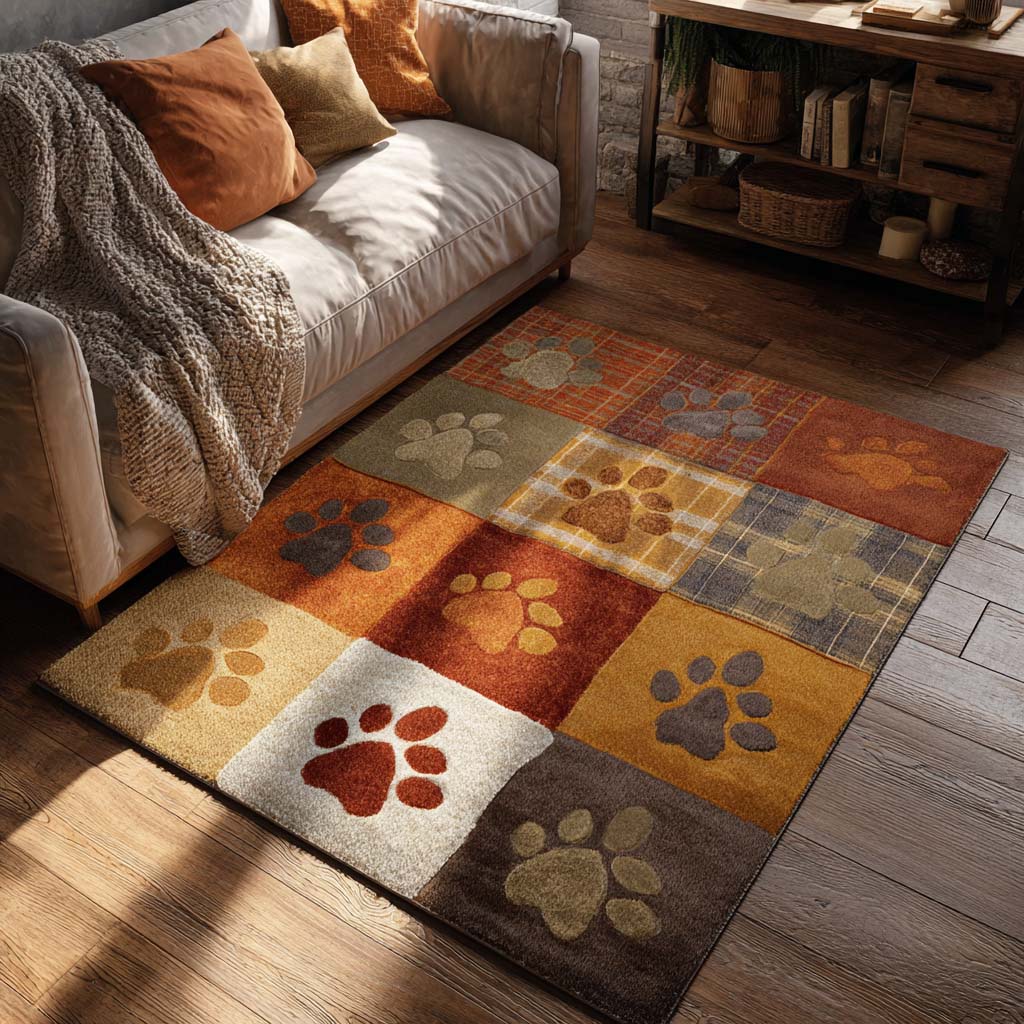 Earthy Forest Paw area rug in a living room
