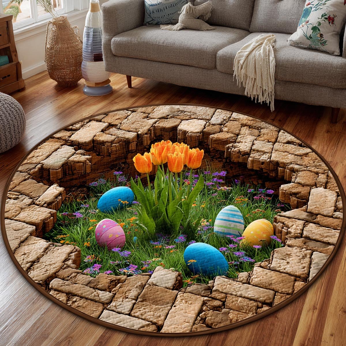 Easter Bloom Round Mat Rug - washable non-slip printed rug