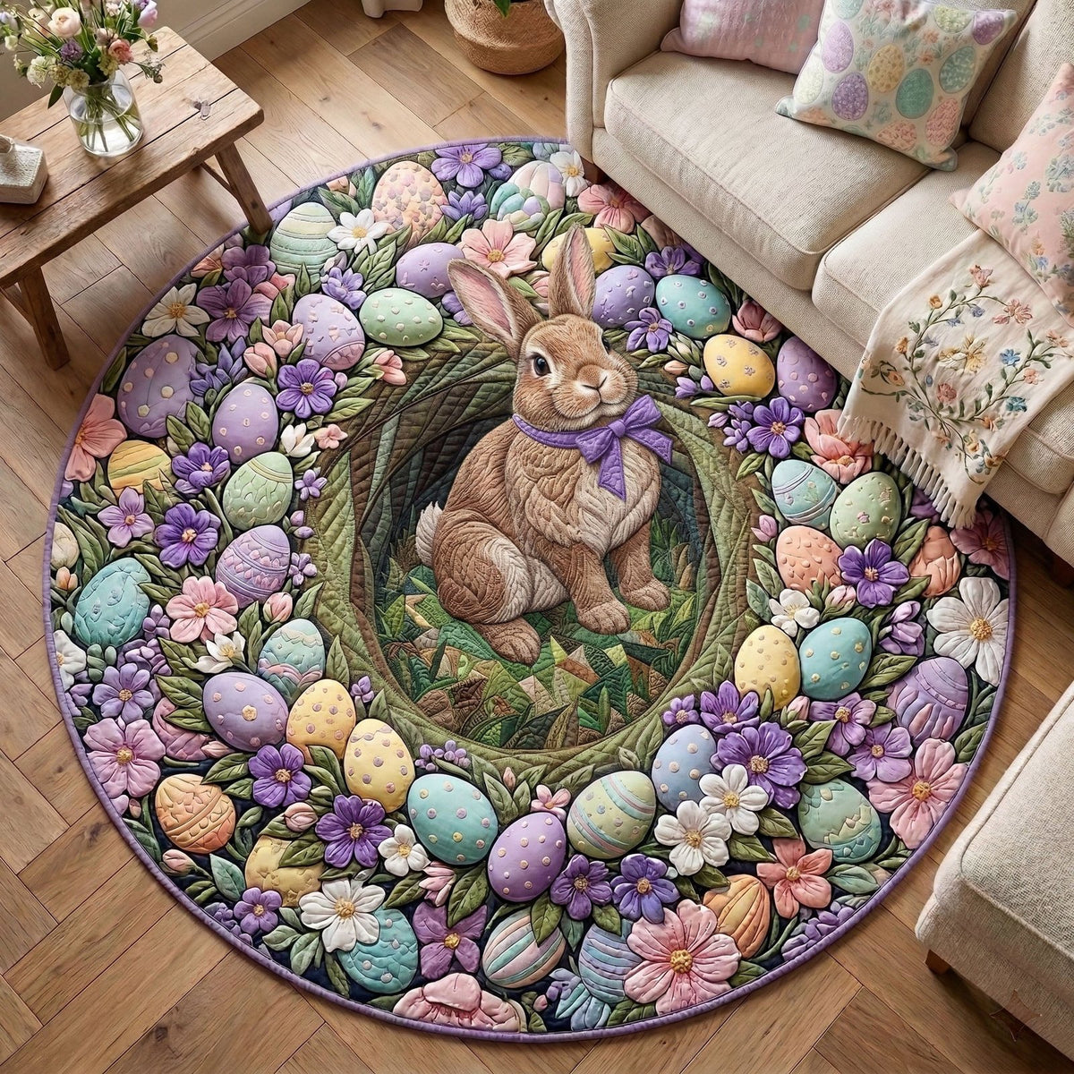 Easter Bunny Garden Quilted Round mat Round Mat Rug - washable non-slip printed rug