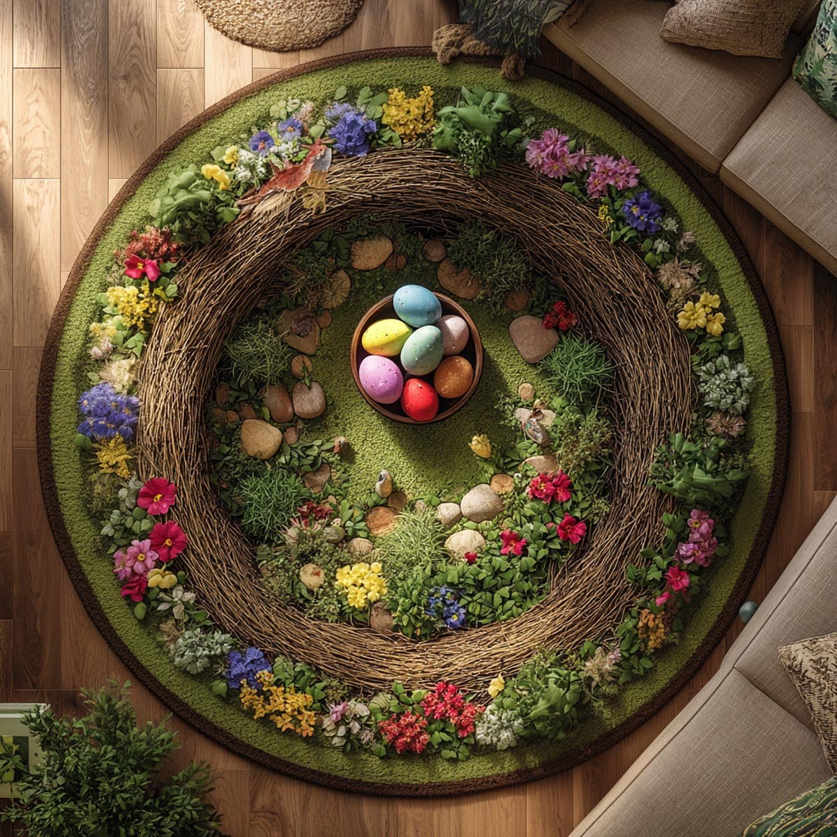 Easter Charm Round Mat Rug - washable non-slip printed rug