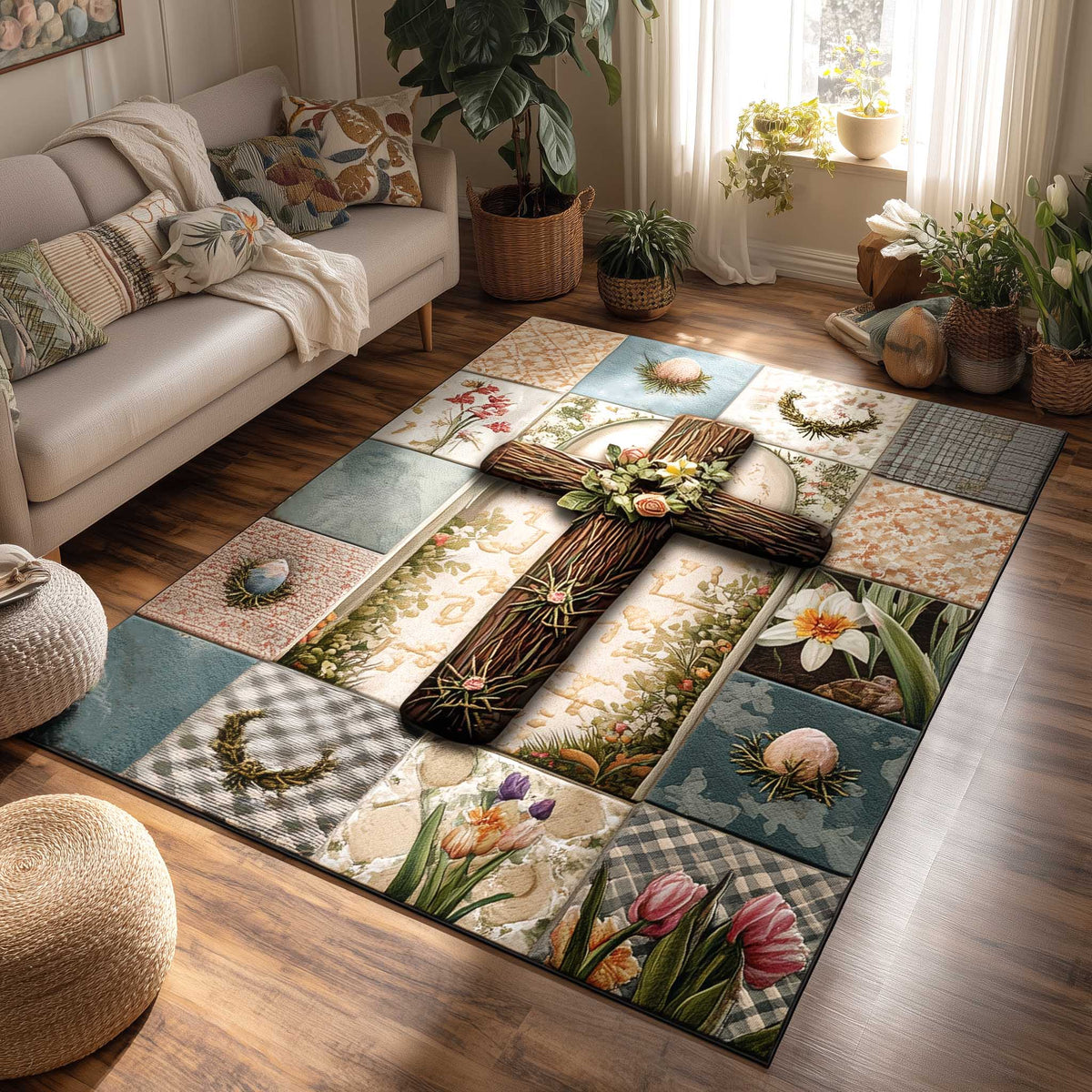 Easter Cross area rug in a living room