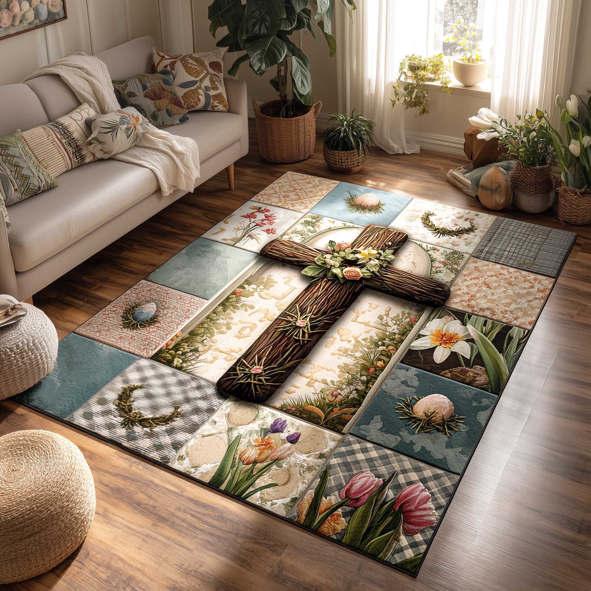 Easter Cross area rug in a living room