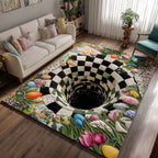 Easter Egg Garden Trail area rug in a living room
