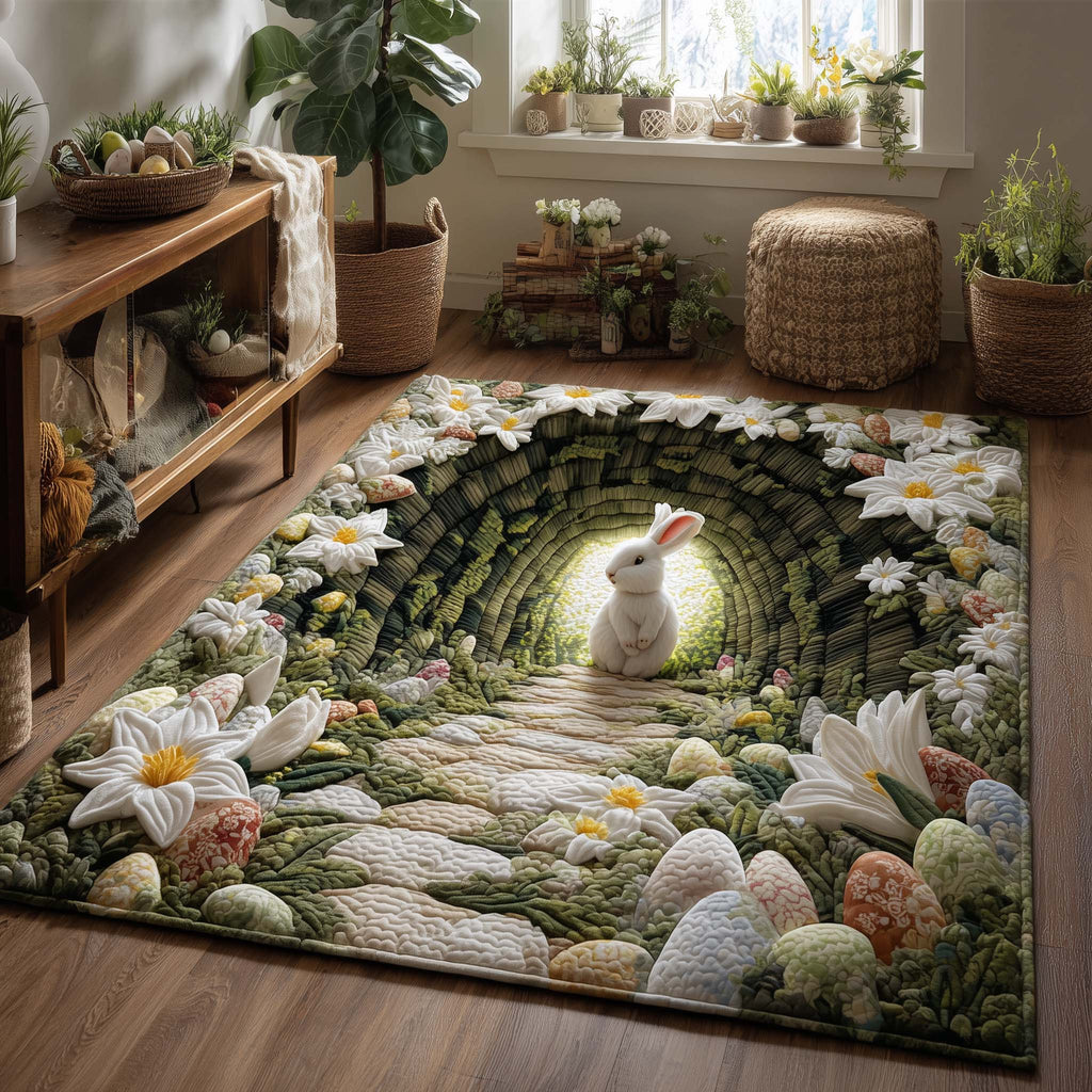 Easter Rabbit Meadow area rug in a living room