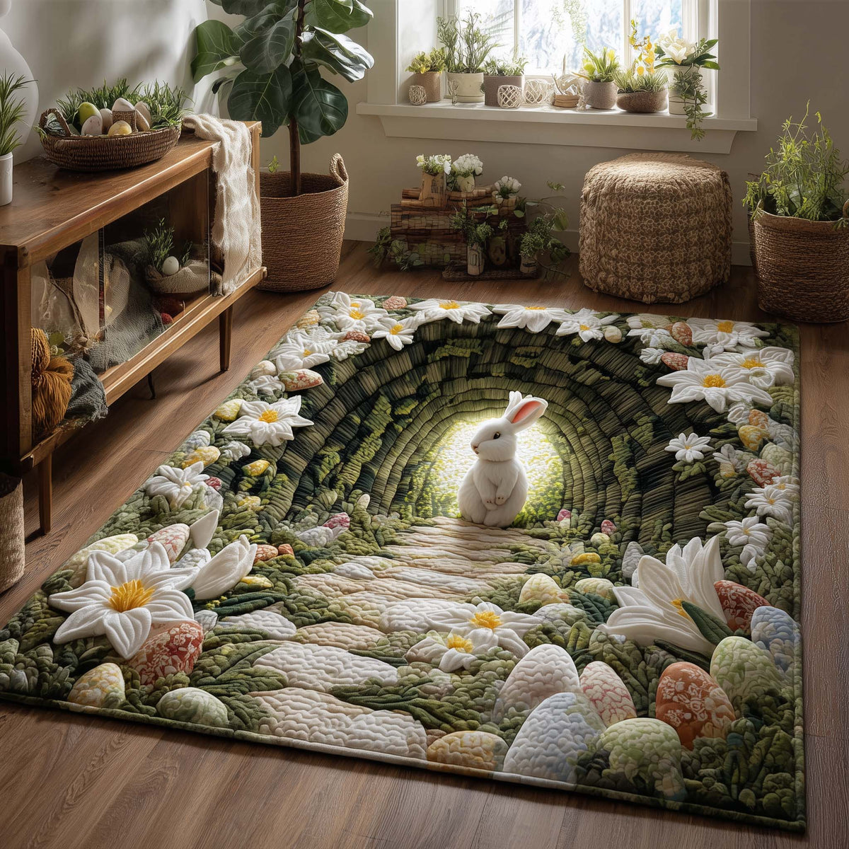 Easter Rabbit Meadow area rug in a living room