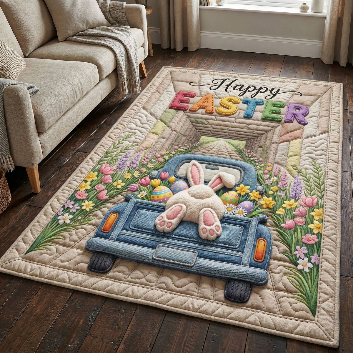 Easter Truck area rug in a living room