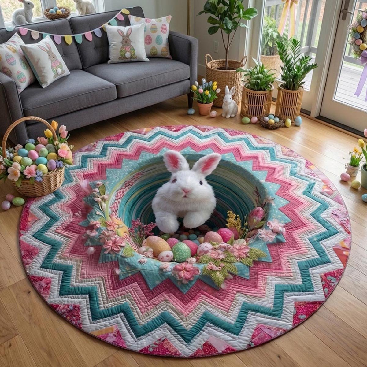 Easter Wreath Round Mat Rug - washable non-slip printed rug