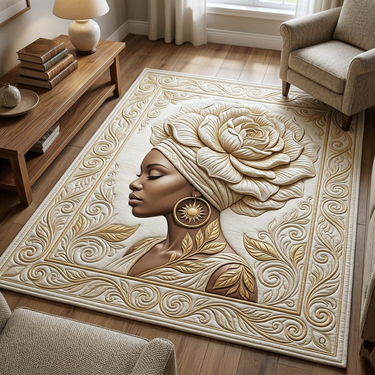 Ebony Queen area rug in a living room