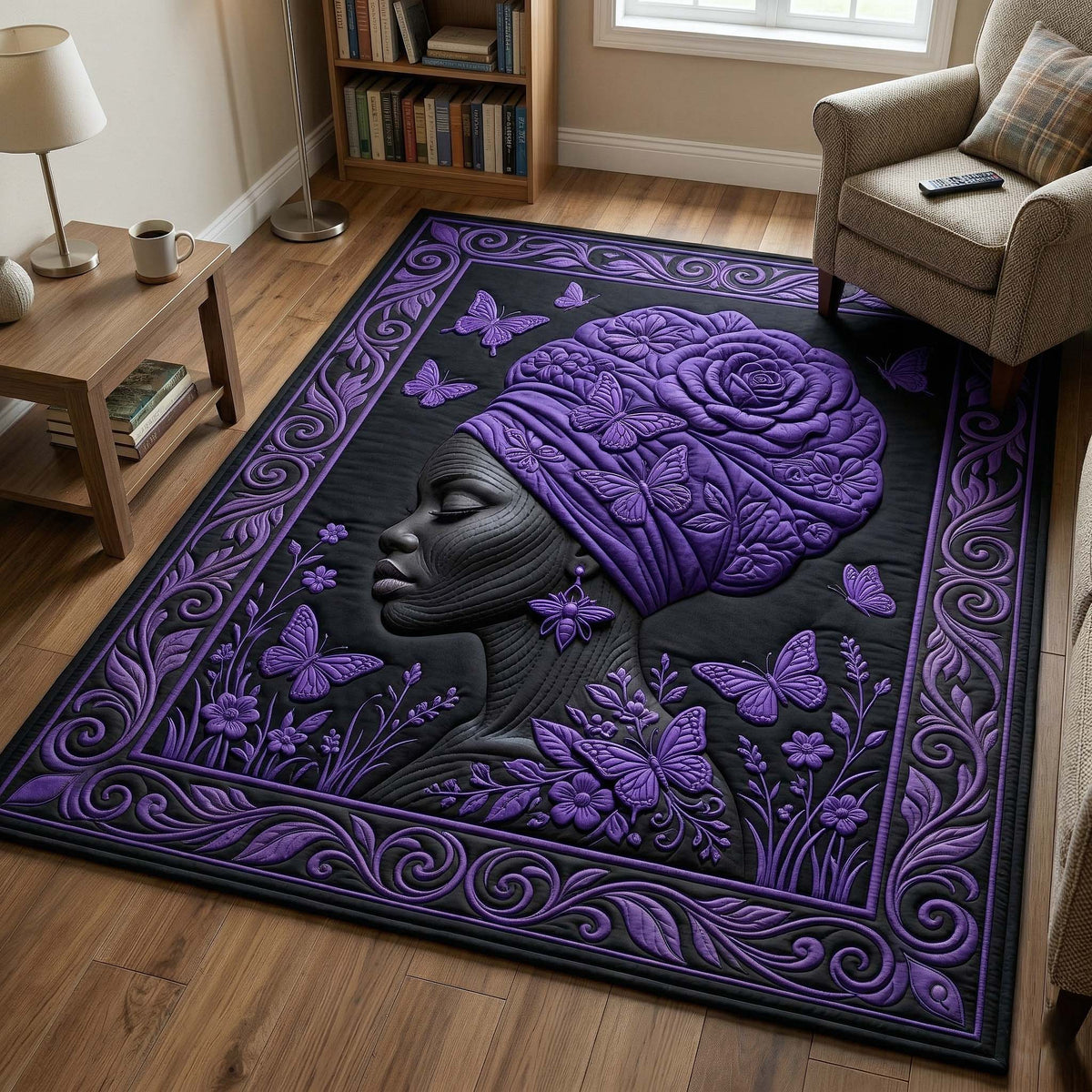Ebony Queen area rug in a living room