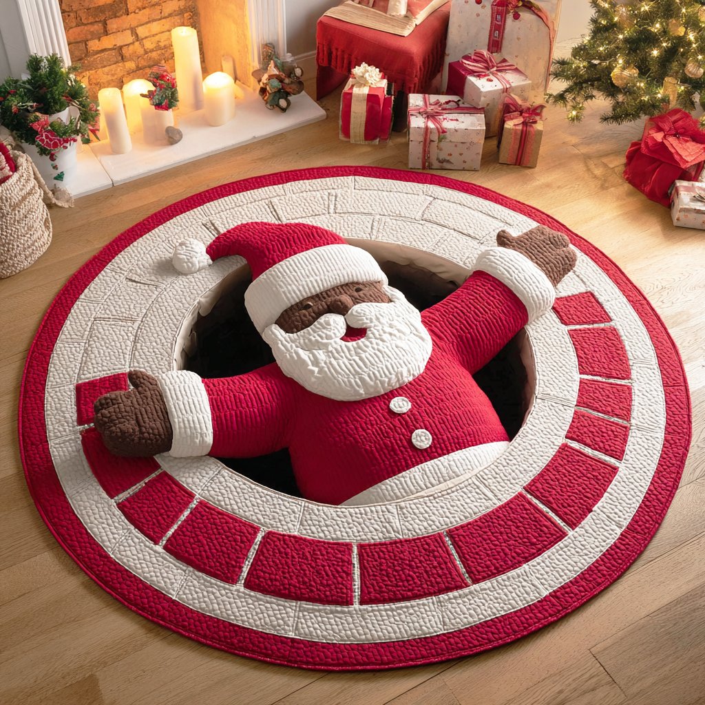 Ebony Santa Christmas Round Mat Rug - washable non-slip printed rug
