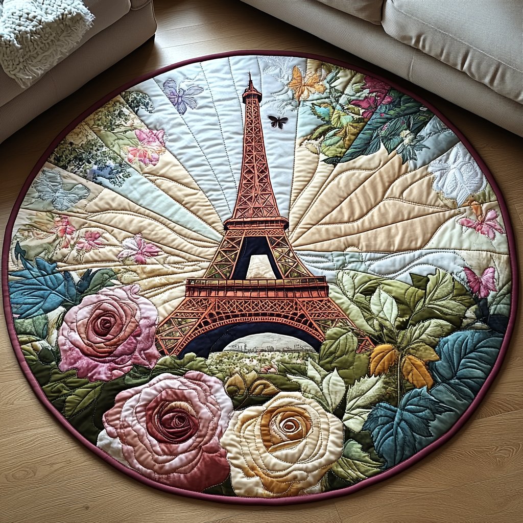 Eiffel Elegance Round Mat Rug - washable non-slip printed rug