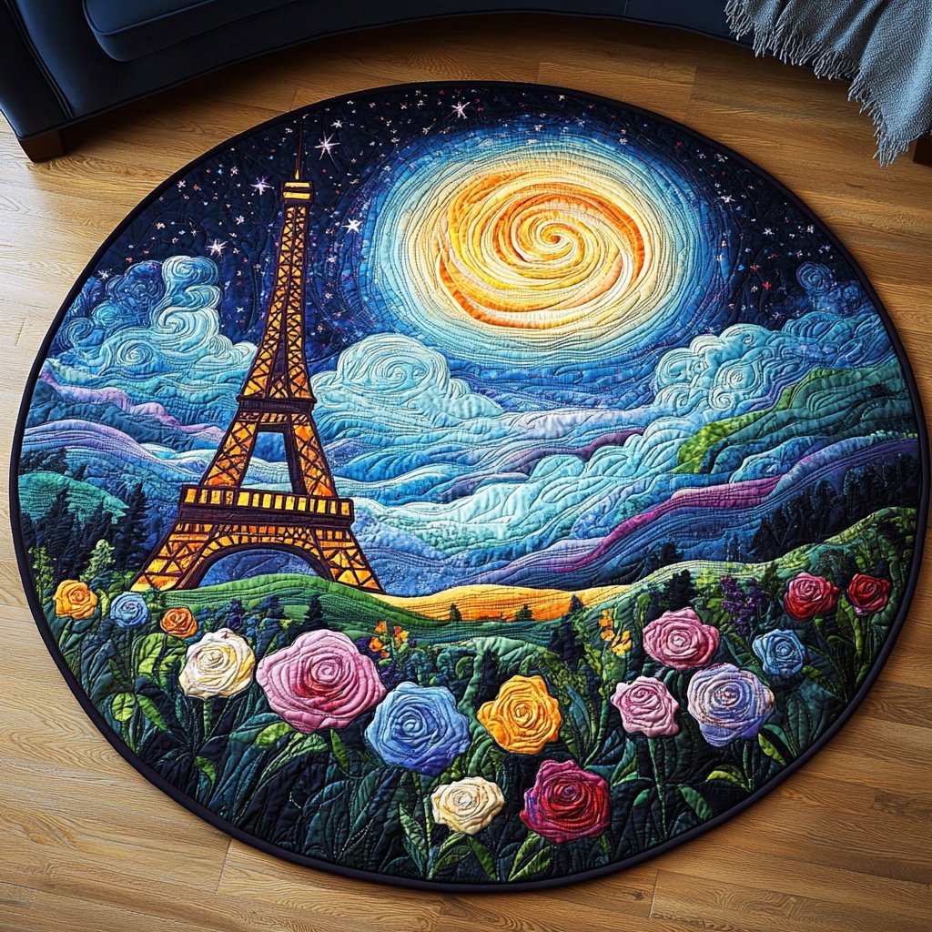Eiffel Glow Round Mat Rug - washable non-slip printed rug