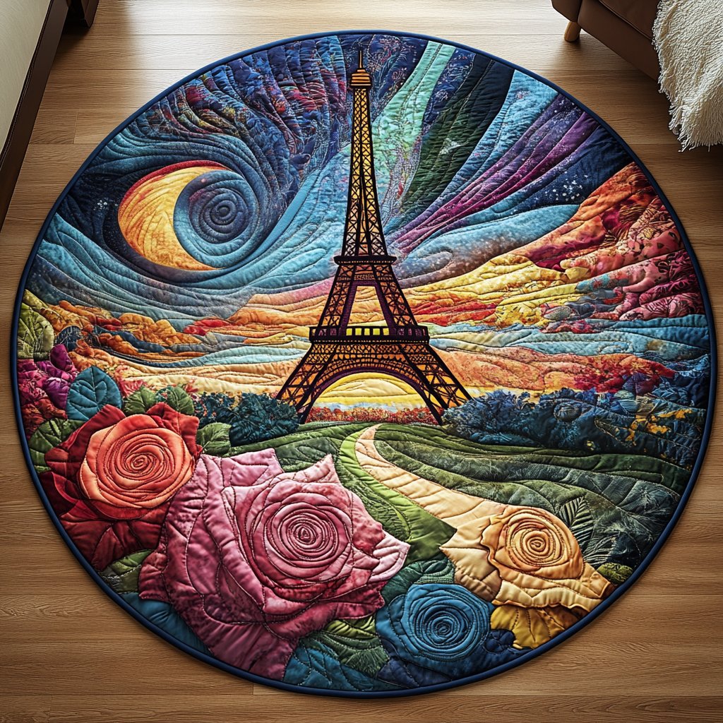 Eiffel Romance Round Mat Rug - washable non-slip printed rug